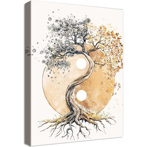 Wooden Frame Canvas Tree of Life Yin Yang Picture Canvas Buddhism Zen Beige Picture Wall Decoration Living Room Bedroom Bathroom Hallway 30 x 40 cm (1/4)