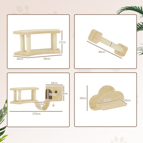 Ensemble d'escalade pour chat 5 pièces comprenant griffoirs, plateformes de saut, échelle, maisonnette et support mural, beige (1/5)