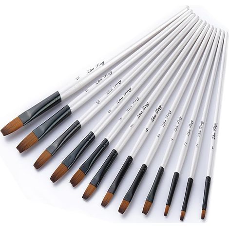 Lot de 12 pinceaux plats pour peinture à l’huile, pinceaux en nylon, manche blanc perlé (1/4)