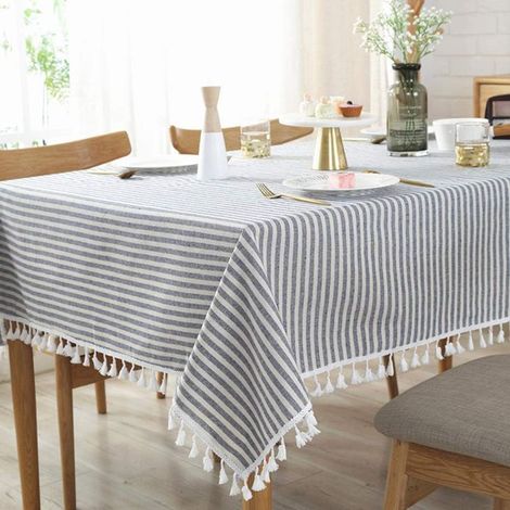 Nappe à pompons à rayures en coton et lin résistant aux taches/(Rectangle, 55 x 71 pouces, bleu) Housse de table imperméable à l'eau et à la poussière pour la décoration de table de salle à manger de (1/5)