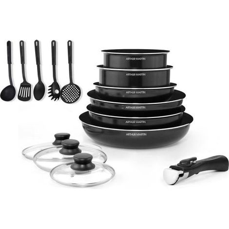 ARTHUR MARTIN Set di pentole removibili 15 pezzi 16-20-22-24-26 cm nero