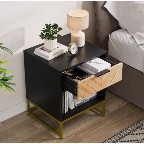 Table de chevet 43x40x55 cm noir et naturel en MDF avec tiroir et niche ouverte (1/5)