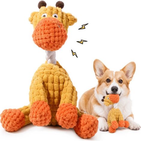 Beyamis Jouet interactif en peluche pour chien avec couineur et corde à mâcher en papier froissé, jaune