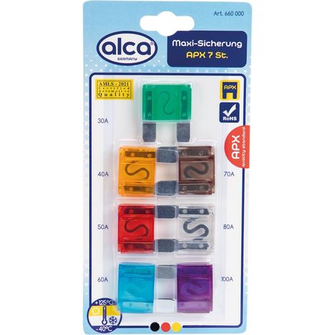 alca® Maxi-Sicherung 30A - 100A 7 St. Blister 32 V Maxi Flachsicherung für Fahrzeuge LKW Bus Schwermaschinen Traktor Auto Schmelzsicherungen