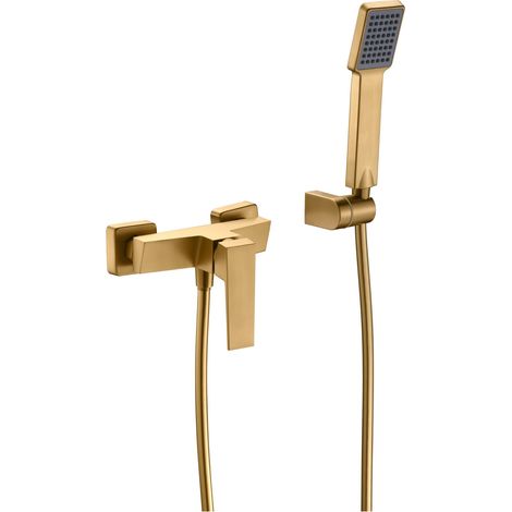 IMEX Set de ducha serie ART con cuerpo en latón tubo metálico flexible 180 cm portamanopla ABS manopla cuadrada cartucho cerámico Ø35 mm acabado oro cepillado – Imex-BDAR025-5OC