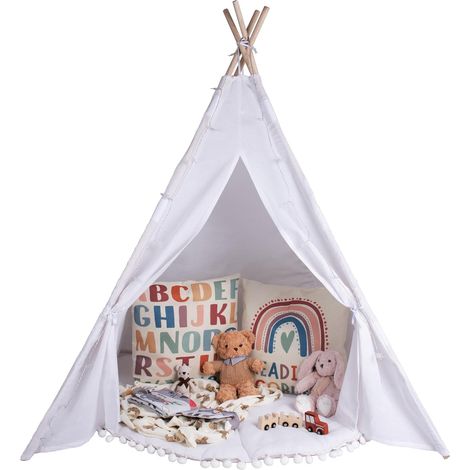 Tente tipi pour enfants en blanc ivoire,Tente de jeu/tente gonflable blanche pour filles et garçons 140 x 120 cm en toile de coton, avec guirlande de 3 mètres de lumières en forme d'étoile (1/5)