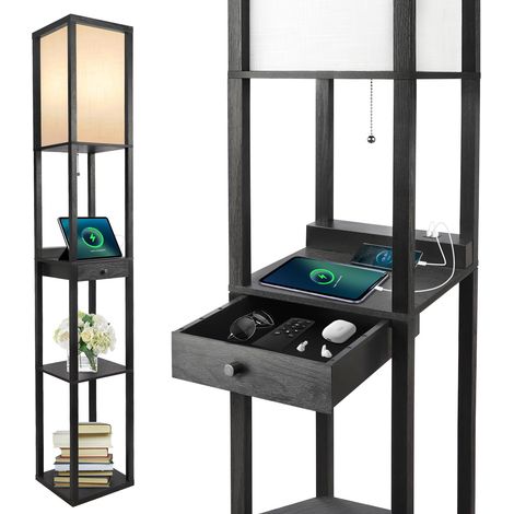 Lampadaire Salon, Dimmable, 4 Températures de Couleur Réglable, Noir Etagères et Tiroir, LED, 2 Connecteurs USB, Chambre (1/5)