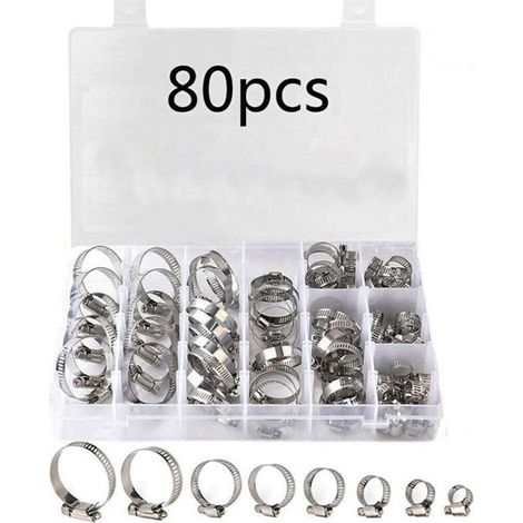 Ahlsen Collier de serrage en acier inoxydable, en boîte de 80 pièces, collier de serrage pour tuyau de gorge, joint de tuyau d'eau, ensemble de colliers de serrage américains à une seule oreille (1/5)