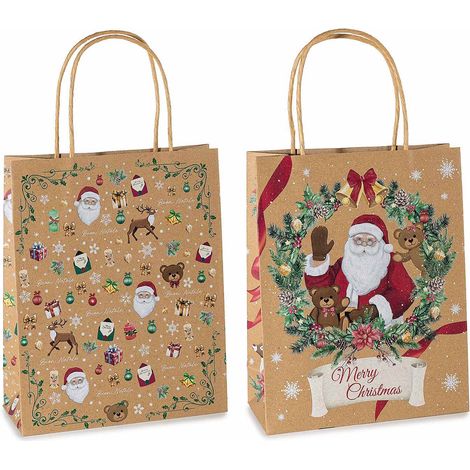 Sacs moyens en papier kraft imprimé Noël avec anses, lot de 36, 21 x 11 x H. 27 cm