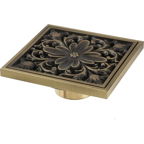 Desagüe de ducha cuadrado de 10 cm (4 pulgadas) en latón antiguo cepillado, tubo de desagüe para ducha de baño con tapa extraíble y grabado floral. (1/4)