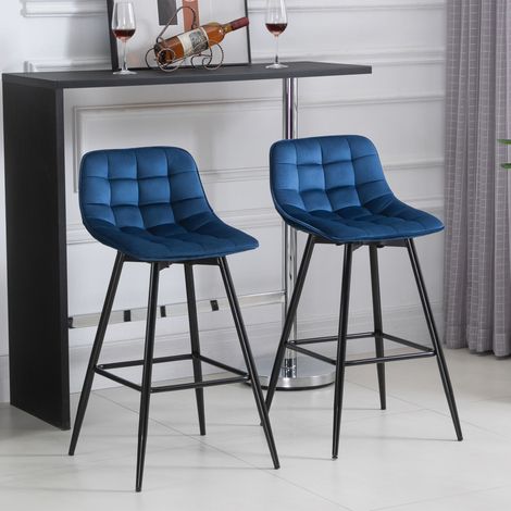 Set aus 2 hohen Hockern im nordischen Stil mit Rücken- und Fußstütze, Hocker mit Rückenlehne aus samtartigem Stoff und Metall, 45 x 47 x 88 cm, Blau