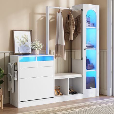 Garderobenkombination aus Spanplatte weiss, 163 x 50 x 161 cm, mit LED, Drehspiegel, Schuhbank und Schuhschrank (1/5)