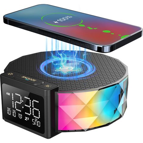 Réveil avec charge sans fil rapide 15W, Réveil numérique lampe de nuit pour chambre, lumière nocturne RVB pour 5 couleurs, mode Snooze, 8 types de musique avec câble (noir) (1/5)