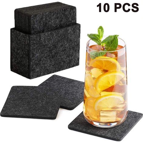 Ensemble de 10 dessous de verres carrés décoratifs en feutre avec boîte de rangement - lavables - pour verres, tasses, table, bar