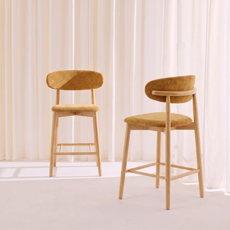 Lot de 2 tabourets de bar en bois d'hévéa naturel et tissu chenille - Paola Naturel / Moutarde (1/5)