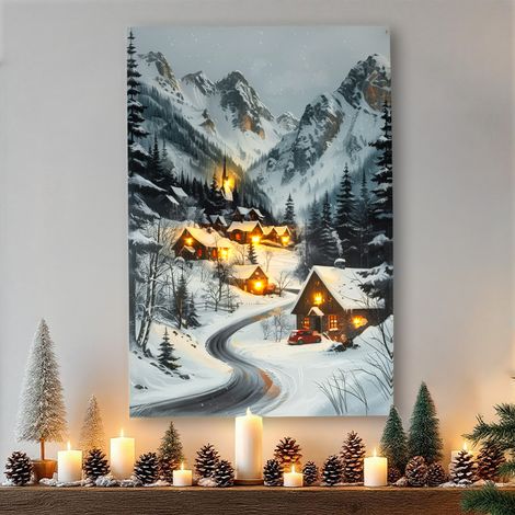 Weihnachts Wandbild mit LED Beleuchtung Batterie betrieben - 58 x 38 cm - Winterdorf Leinwandbild warm weiß beleuchtet