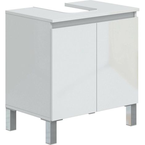 Dmora - Mobile sottolavabo Rodna, Mobiletto da bagno, Contenitore porta lavabo, Armadio per lavandino, 60x40 h64 cm, Bianco lucido
