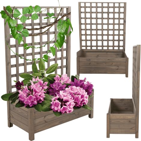 MODO24 Jardinière avec treillis bois de pin, sur pieds, bac à fleurs 116x80x40 cm, jardin/balcon/terrasse, gris imprégné