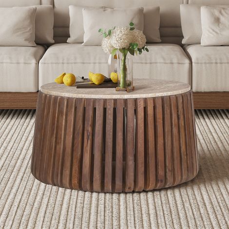 Table basse ronde 70x70x40 cm en manguier et travertin (1/4)