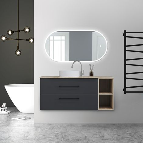 AICA Ensemble de meubles de salle de bain Suspendu avec Vasque + 2 Rangements Ouverts, 120x46x52cm, Ovale Miroir LED
