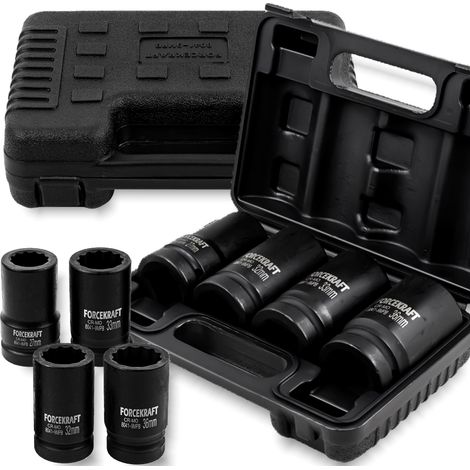 FORCEKRAFT Juego de 4 vasos de impacto profundos en estuche de 1" y 12 puntas de 27-36 mm