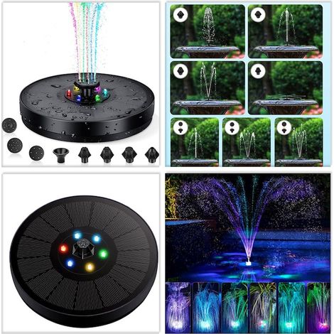 Fontaine solaire de jardin flottante 3W, 8 modes de jet, LED colorées, batterie intégrée, protection pompe, fixation renforcée (1/5)