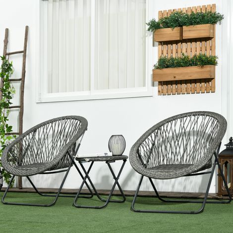 Set di mobili da giardino per esterni in resina, composto da tavolo e sedie per 2 persone, tavolo e 2 poltrone pieghevoli, colore grigio.