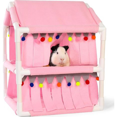 Small Pet Loft Bed - Guinea Pig Hammock with Fleece Hideout - Ideal for Rabbits, Ferrets and Chinchillas, Pink (1/5)