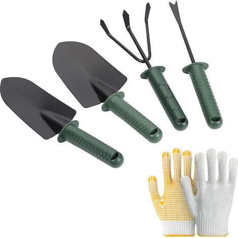 Lot de 4 outils de jardinage à main en acier au carbone avec gants (1/3)
