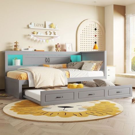 Lit gigogne 90x200, couchage d'appoint banquette lit, rangement intégré, led multicolore, ports usb (1/5)