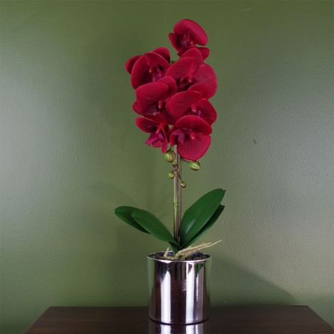 46cm Artificial Orchid Red with Silver Pot (1/3)