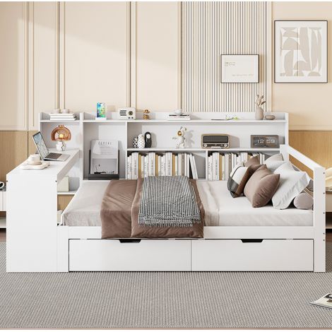 DESVIAE Lit banquette multifonction en bois massif avec bureau étagères bibliothèque tiroirs rangements et prise USB 140 x 200 cm blanc (1/5)