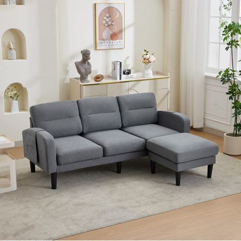 Divano angolare a L 3 posti con chaise longue, 204x136x80 cm, grigio, tessuto (1/5)