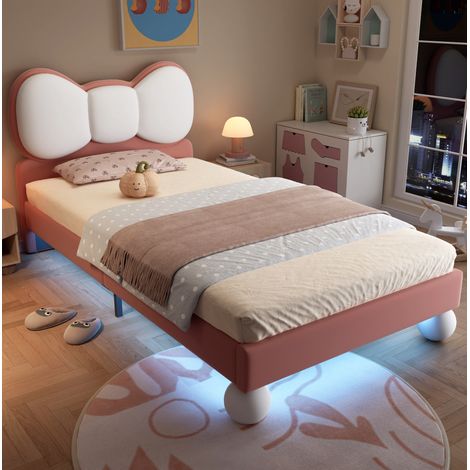 Letto singolo imbottito in velluto rosa 90x200 cm con testiera a fiocco, LED integrato e rete a doghe (1/5)