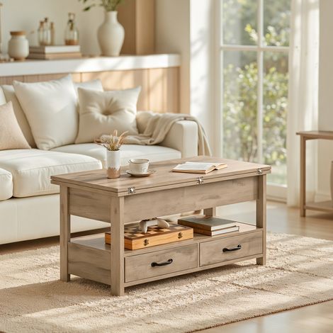 Table de Salon Relevable, Vérin à Gaz, 2 Tiroirs et 3 Compartiments sous Le Plateau, 1 Compartiment Ouvert, Marron (1/5)