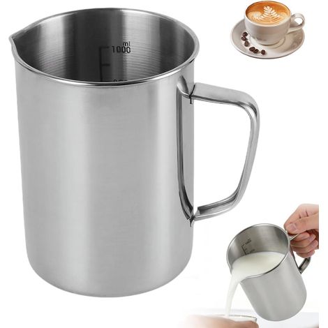 Messbecher aus Edelstahl, 1 l, Milchkännchen mit Griff, Markierungen, 1000 ml Metall-Milchkrug, Messbecher mit Tropfschutz, robust für Küche, Bar, Teestube (1/5)