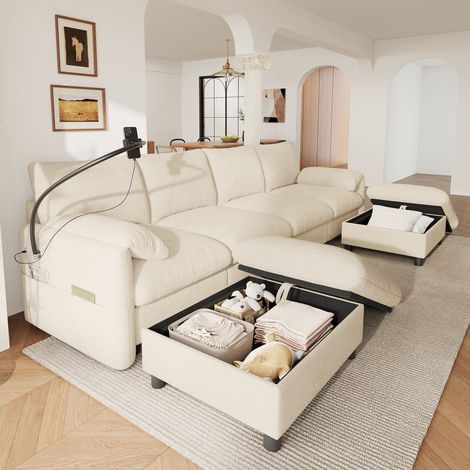 Divano modulare 6 posti 273,5 x 133 x 81 cm in ciniglia beige con 2 pouf contenitore e ricarica USB/Type-C (1/5)