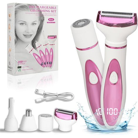 Kit de Rasage Électrique Femme 4-en-1 Rechargeable USB, Rasoir Épilateur Corps Écran Digital, Coupe Poils Aisselles Maillot Visage Jambes, Têtes Lavables, Moteur 7500 Tr/min, ABS Antidérapant, Rasage (1/5)