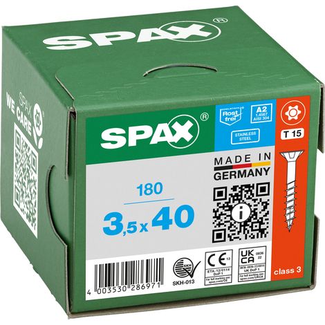SPAX Vis en acier inoxydable, 3,5 x 40 mm, 180 pièces, Filetage partiel, Tête fraisée, T-STAR plus T15, 4CUT, Acier inoxydable A2 - 8000000286971