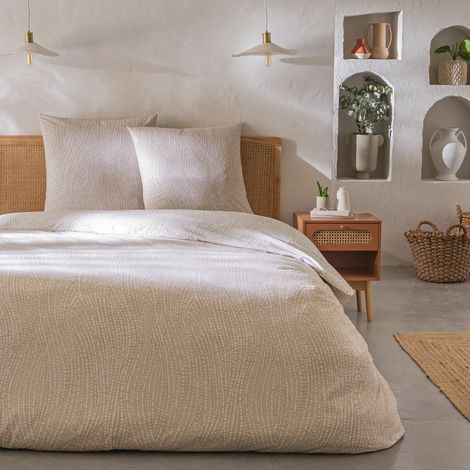 Parure de lit 2 personnes en coton 57 fils imprimé géométrique beige 260x240cm – Housse de couette + 2 taies 63x63cm – Lavable à 60° – Future Home