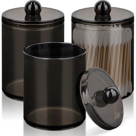 Lot de 3 Boite Coton Tige, Boîte de Rangement Transparent avec Couvercles, rangement coton distributeur coton tige pour Salle de Bain Chambre (Noir) (1/5)