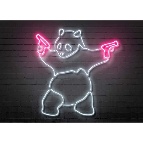 Tableau panda néon lumineux blanc & rose | Tableau animaux sur fond mur en brique noir | Tableau moderne pour salon & chambre ado 0,7 x 0,5 m (1/2)