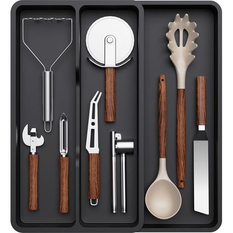 Rangement Extensible 2 à 3 Compartiments, Range Couverts pour Tiroir, Organisation de Cuisine en Plastique, Separateur Tiroir pour Cuillères, Fourchettes, Couteaux, Noir (1/5)