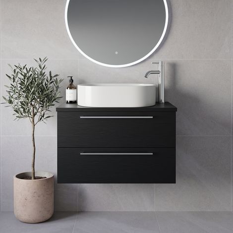 Napoli 390 Nero Oak 800mm Wall Mounted 2 Drawer Vanity Unit for Countertop Basins - 800mm - Chrome 480mm Handle