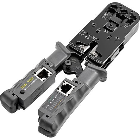 Pince à sertir à cliquet avec testeur LED 4 en 1 multifonction : sertisseuse, dénudeuse, coupeuse et testeuse de câbles, sertisseuse pour lignes téléphoniques réseau 8P, 6P et 4P, UTP et STP, outil ma (1/4)