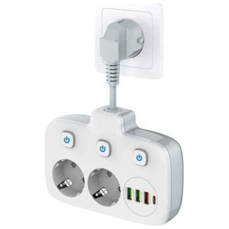 Multiprise à interrupteur unique 2 compartiments, multiprise avec 3 interrupteurs, double fiche murale avec 4 USB,adaptateur de prise avec protection contre les surtensions, sécurité enfant (1/4)