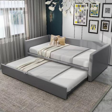 Ausziehbares Schlafsofa 90x200 auf 180x200 cm, Polsterbett mit Lattenrost und Rückenlehne, Multifunktionsbett Gästebett aus Samtstoff, Grau (1/5)