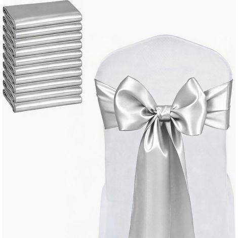 20 nœuds de chaise argentés et blancs - Rubans de satin pour mariage, anniversaire et révélation du sexe du bébé - Décoration de chaise romantique pour fêtes (1/4)