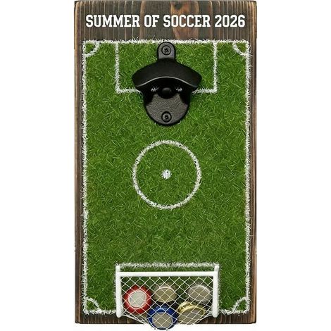 Handmade wooden wall-mounted bottle opener with a World Cup football theme, stadium-style decor with automatic bottle cap collector (1/5)