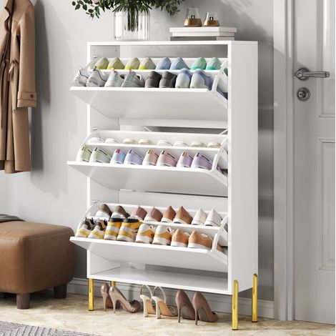 Scarpiera MDF bianca con 3 ante, design senza maniglie, 73 x 24 x 120 cm, gambe dorate (1/5)